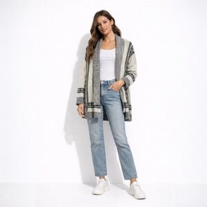 Chico's Womens Geometric Tribal Cardigan Black Size Large Aztec Cottagecore Boho